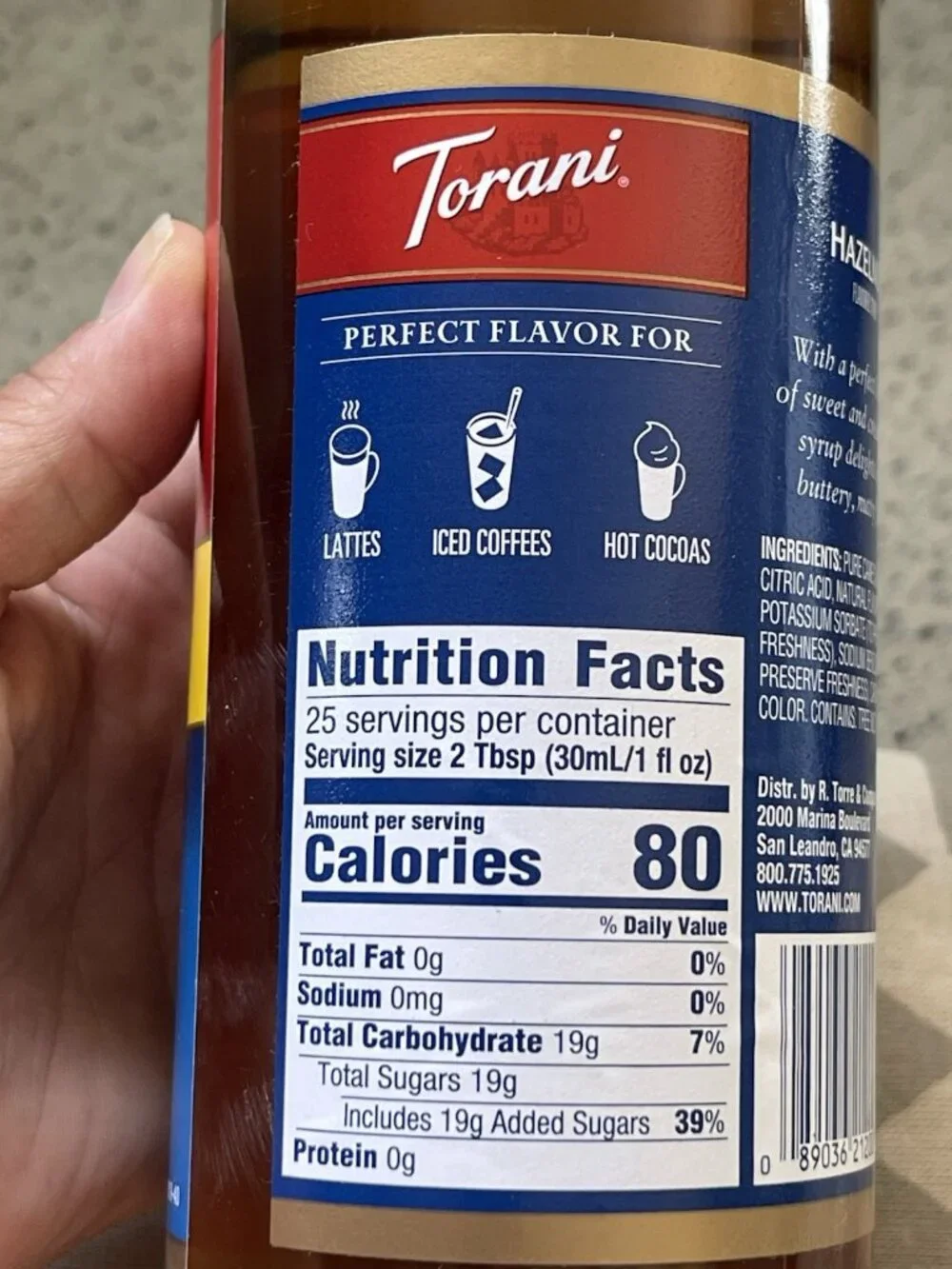 Torani Hazelnut Syrup, 750 ml 25.4 OZ G-Hazelnut Exp Date: April 7. 2027